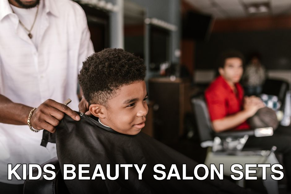 A young boy happily getting a haircut inside a modern barbershop, observed by an adult.