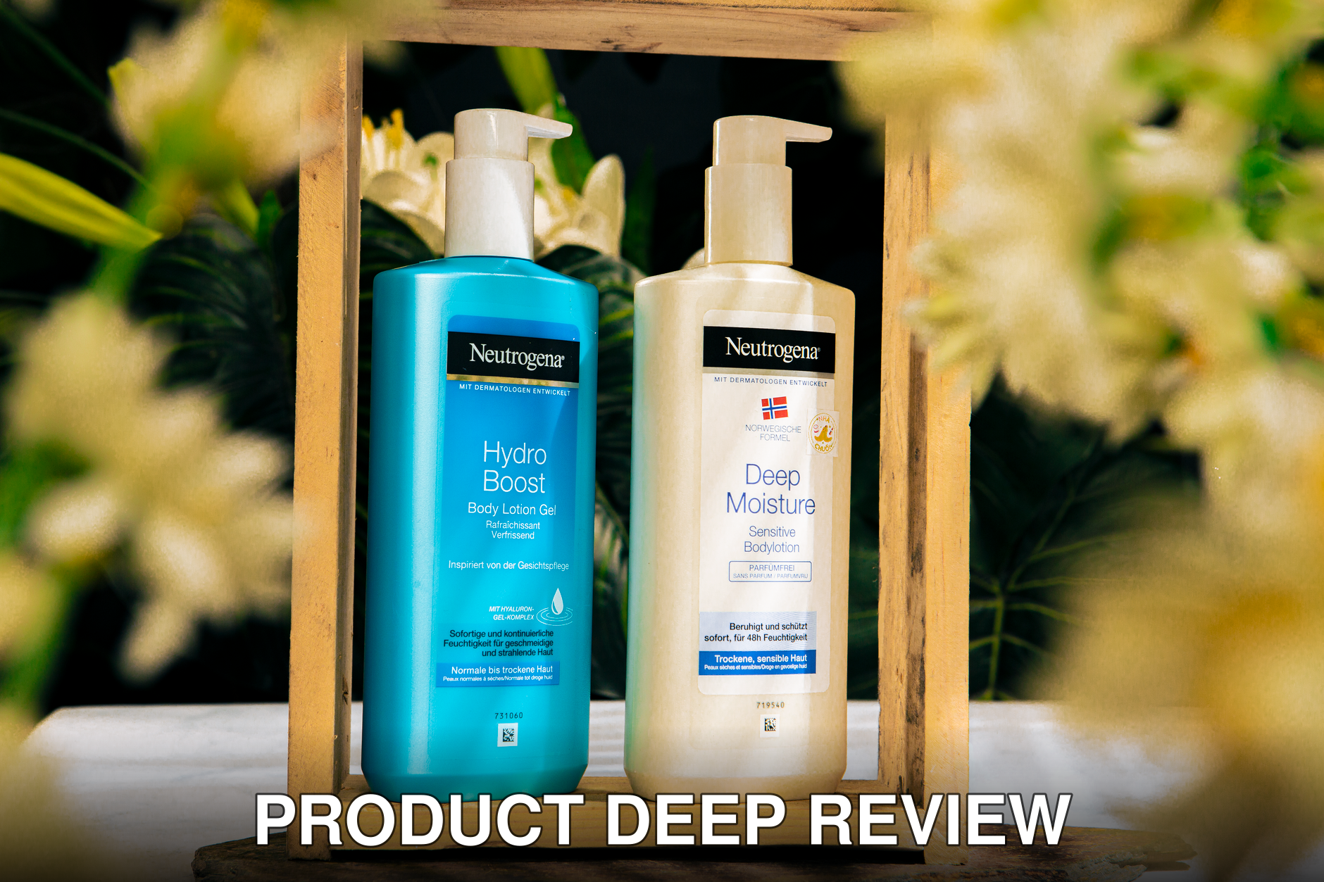 Neutrogena Hydro Boost and Deep Moisture lotions in a floral wooden frame.