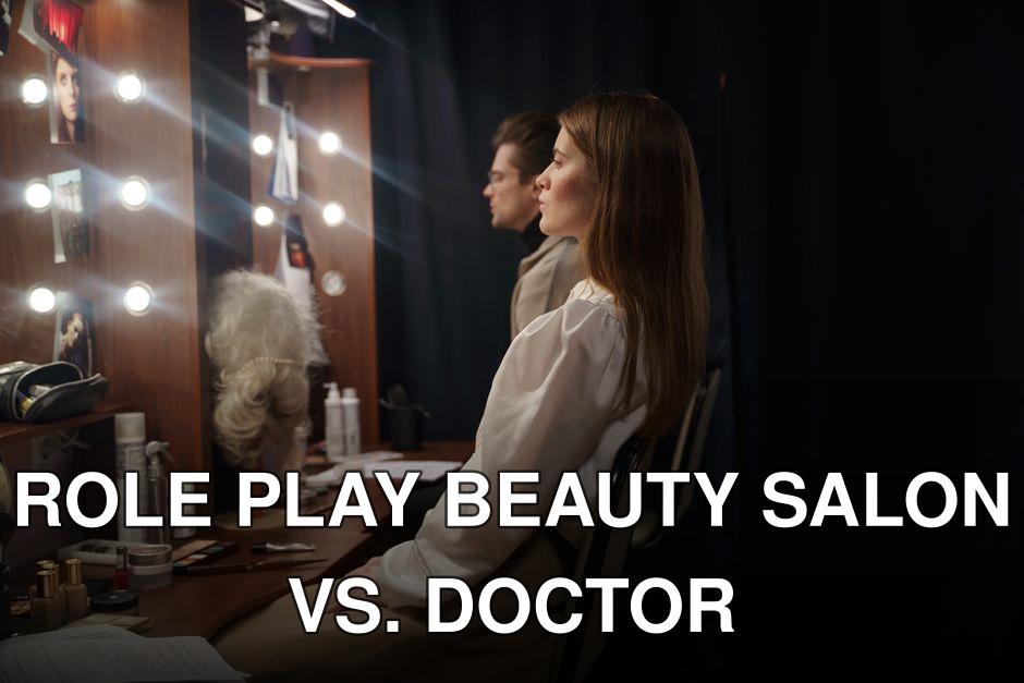 Two actors in a theater dressing room preparing for a performance, sitting and reviewing scripts.