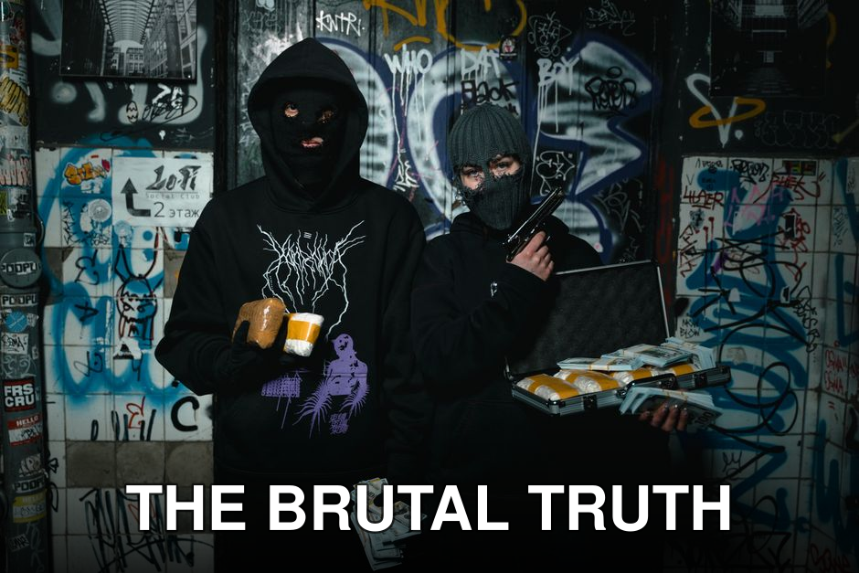 Two masked individuals holding cash, gun, and briefcase in a graffiti-covered alley.
