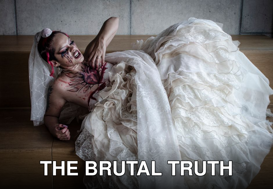 A spooky and artistic portrayal of a Halloween-themed bride with dramatic makeup.