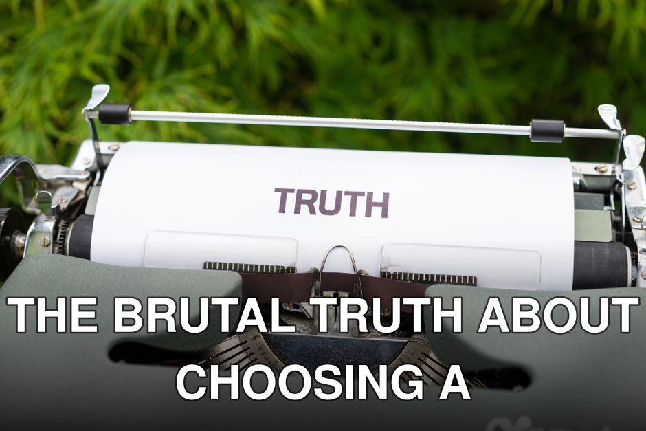 A vintage typewriter features the word 'TRUTH' on paper, set in a natural outdoor background.