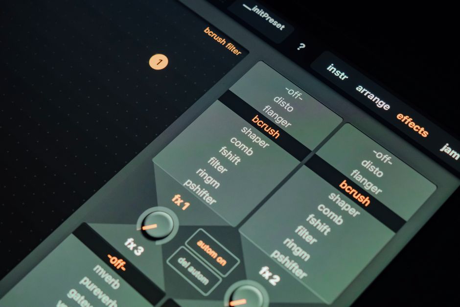 Close-up of digital music production interface showing various sound filter settings.
