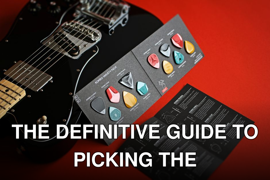 Close-up of an electric guitar with a variety of guitar picks on a red background. Ideal for music themes.
