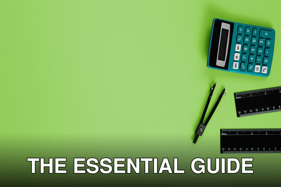 Calculator and drawing tools on a vibrant green background with ample copy space.