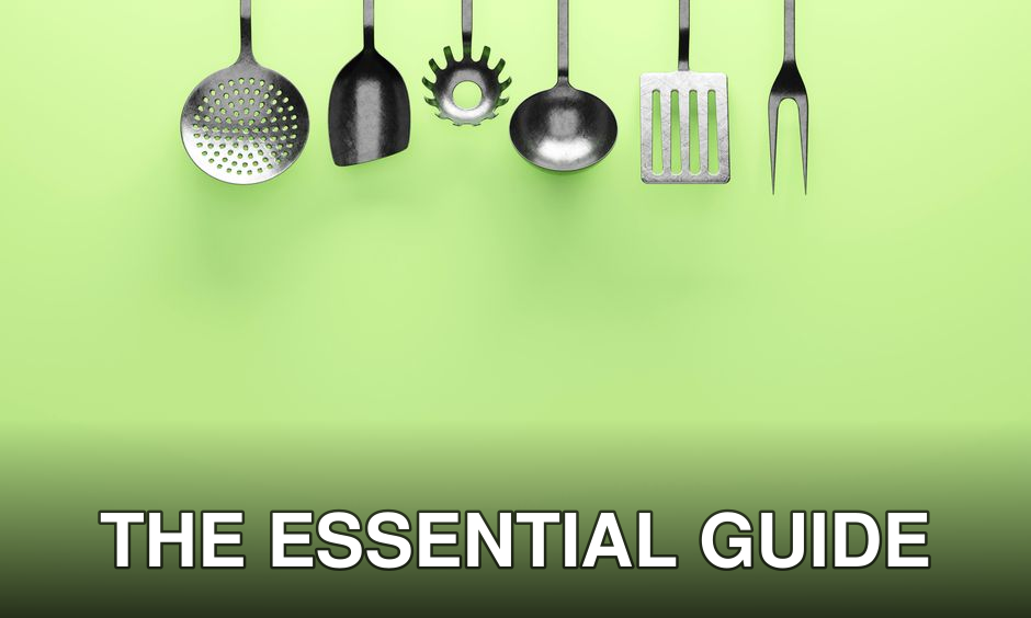 A set of hanging kitchen utensils against a vibrant green background, perfect for culinary themes.