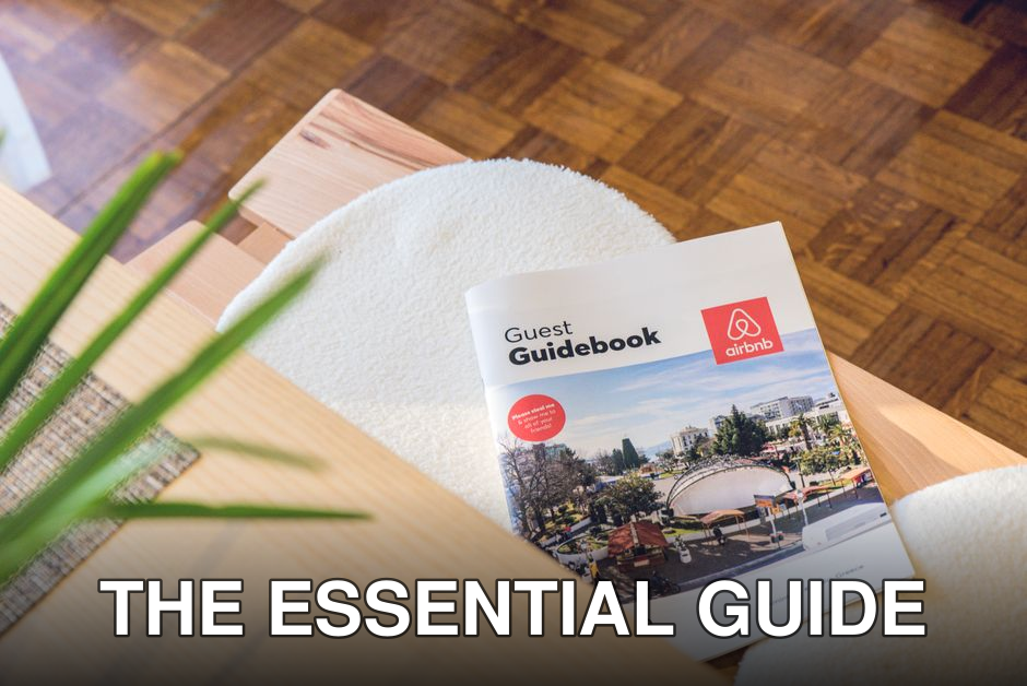 Airbnb Guest Guidebook on a modern table in Kavala, Greece home.