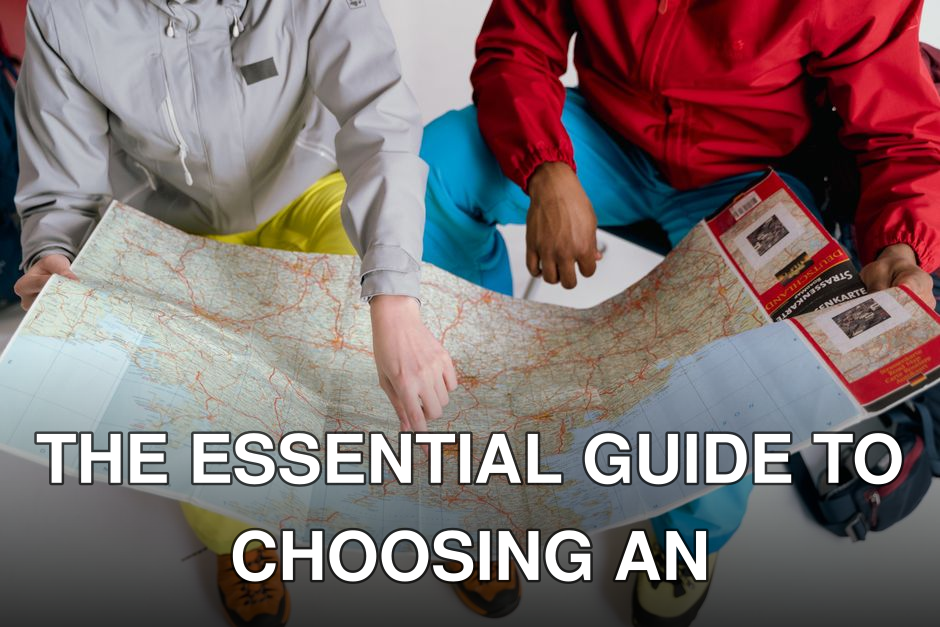 Two travelers examining a detailed map for a winter hiking adventure.