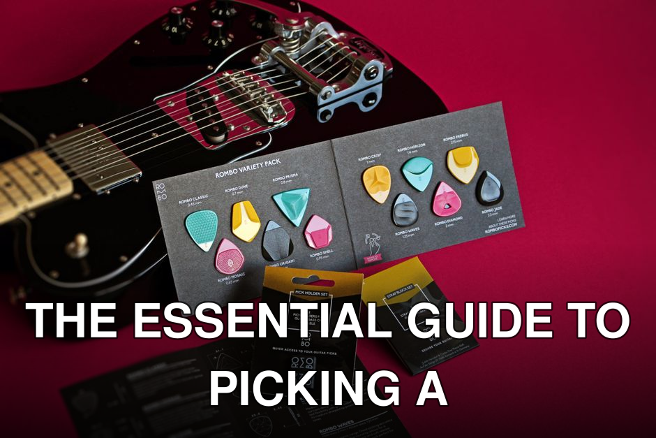 Vibrant still life of Rombo guitar picks variety pack and electric guitar on a red backdrop.