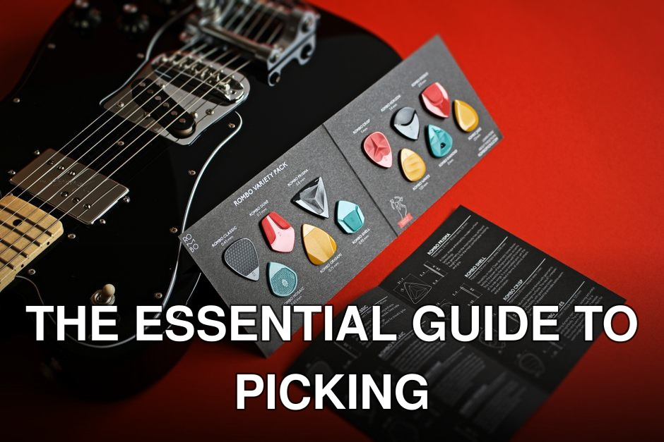 Close-up of an electric guitar with a variety of guitar picks on a red background. Ideal for music themes.