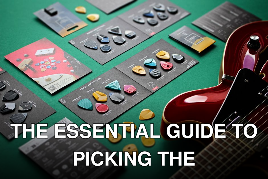 A vibrant display of guitar picks and an electric guitar on a green background.