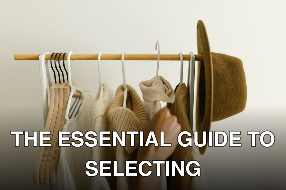 Stylish beige and brown clothes on a rack with a hand reaching in.