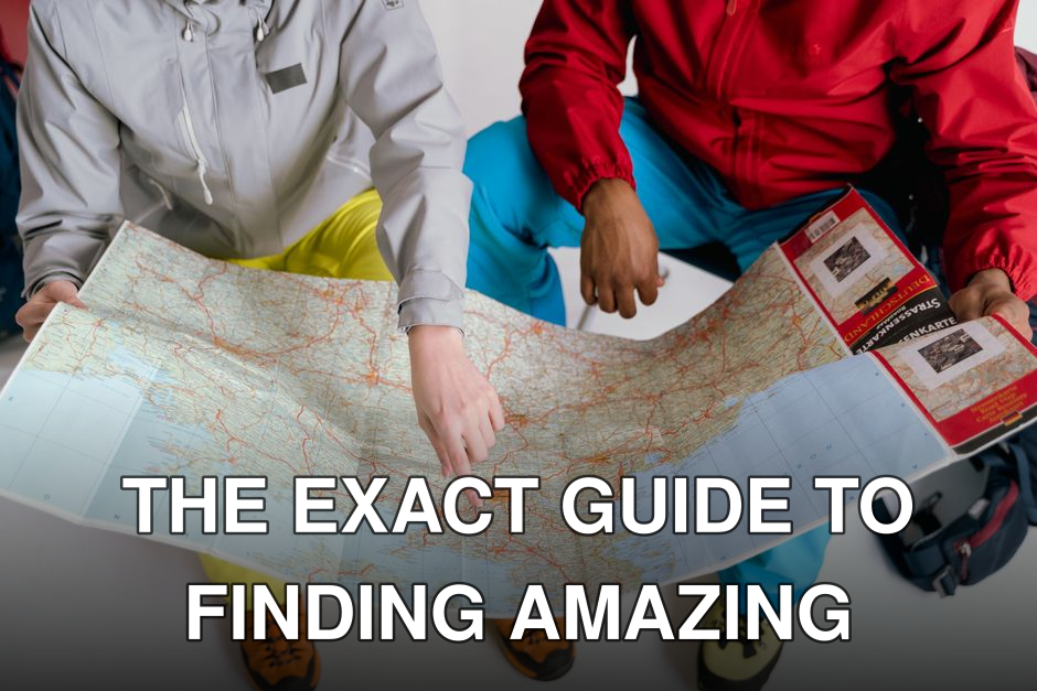 Two travelers examining a detailed map for a winter hiking adventure.