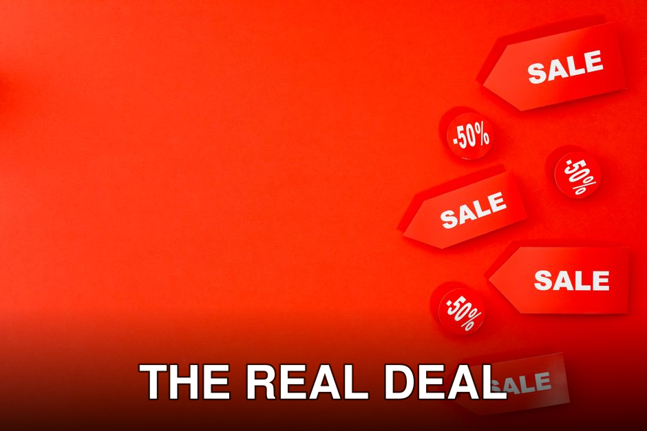 Red sale tags with 50% discounts on vibrant background for retail promotions.