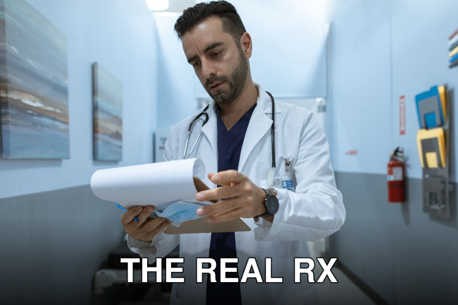 Male doctor in hospital hallway reviewing medical charts, focused and dedicated.