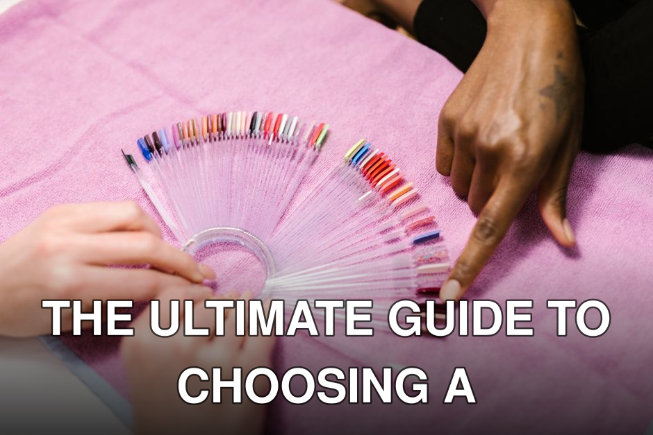 Hands selecting nail polish shades on color palette at salon. Manicure selection process.