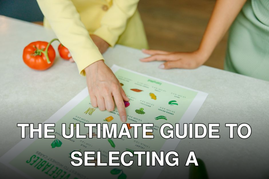Close-up of hands pointing to a vegetable nutrition chart with fresh tomatoes on the table.