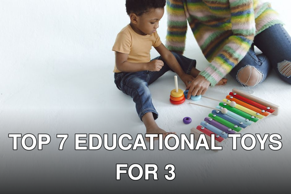 A mother and child enjoying playtime with a colorful xylophone on a white background.