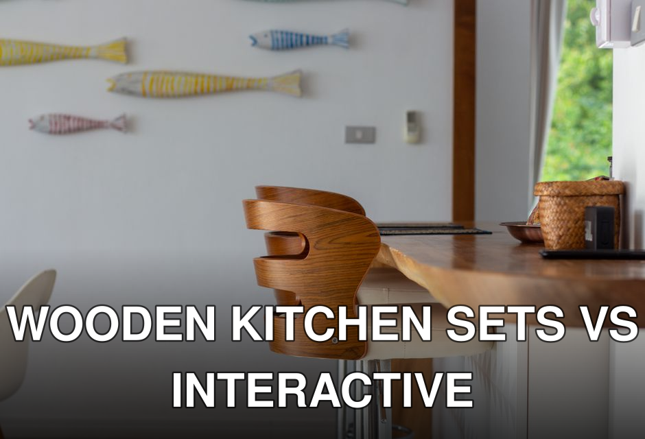 Contemporary kitchen interior featuring a wooden bar stool and decorative wall fish, offering a stylish and cozy ambiance.