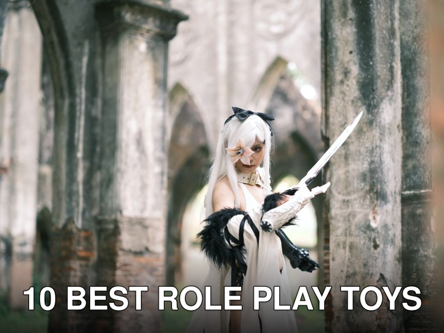 A captivating cosplay character in a historic ruin, showcasing dramatic costume details.