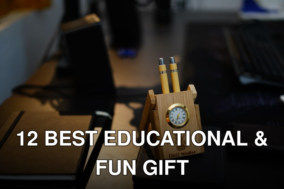 Stylish wooden desk organizer with built-in clock and pens on a modern office desk.