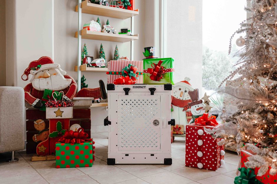 Christmas-themed indoor setup with festive decor, gifts, and a dog crate, perfect for holiday celebrations.