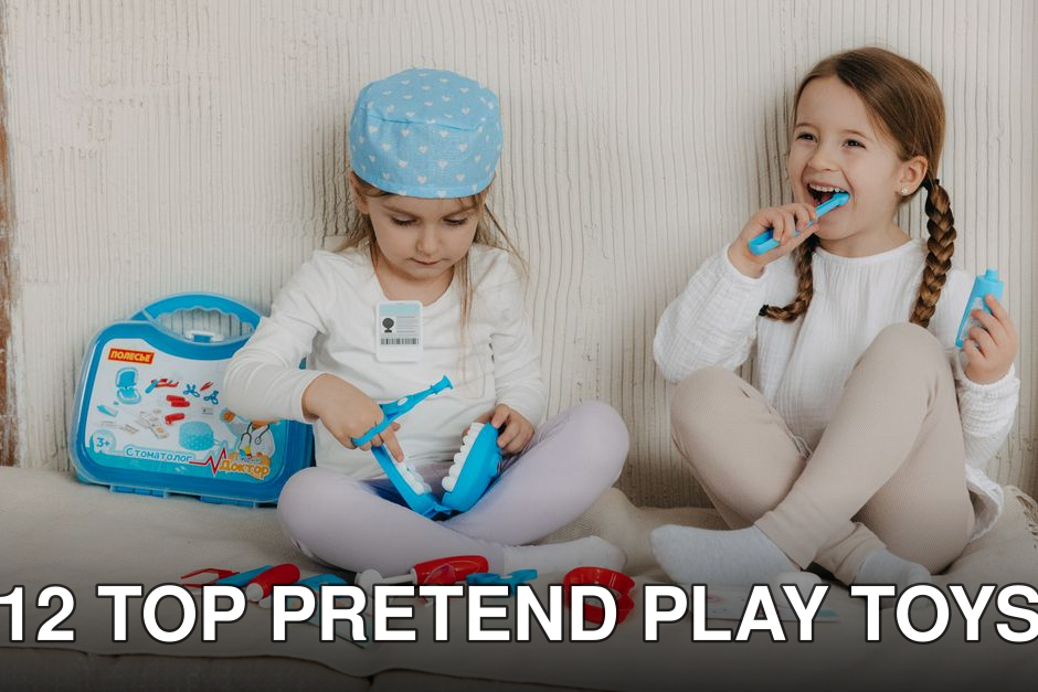 Two young girls having fun playing dentist with a toy kit indoors, enjoying imaginative play.