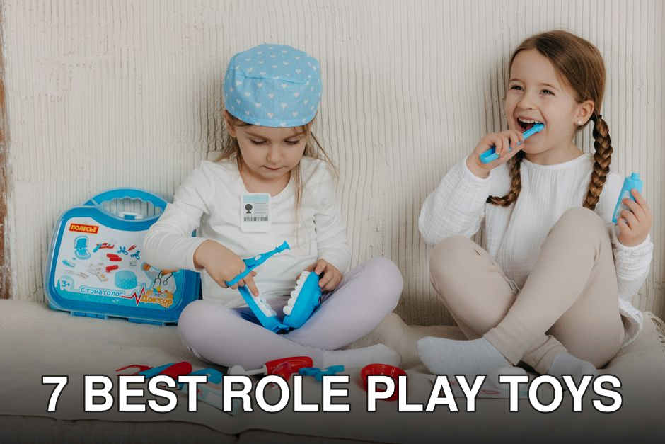 Two young girls having fun playing dentist with a toy kit indoors, enjoying imaginative play.