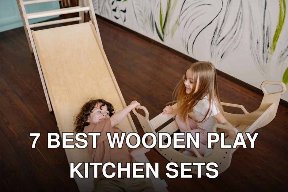 Two children enjoying a playful moment indoors with a wooden slide and rocker.