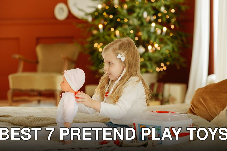 A young girl plays doctor with her doll near a Christmas tree, showcasing imaginative play and holiday spirit.