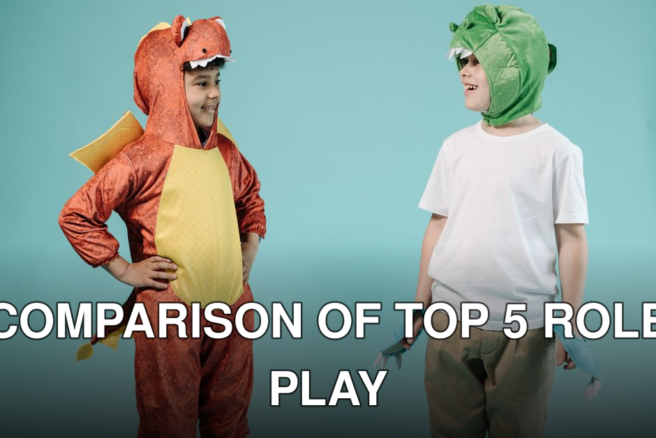 Two kids in dinosaur costumes joyfully pose against a turquoise background.