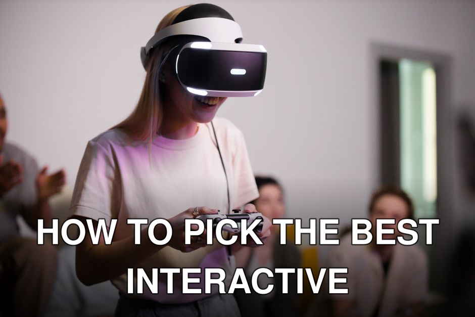 Smiling woman wearing VR headset and holding a gaming controller indoors with friends.