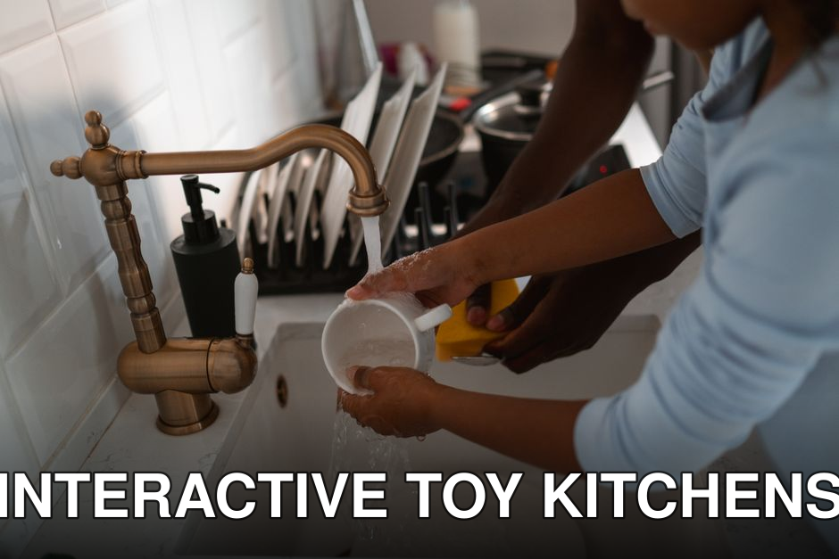 A child and adult washing dishes together at a brass kitchen sink, promoting teamwork and family chores.