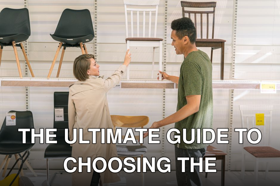 A couple explores chair options together in a modern furniture store during the day.