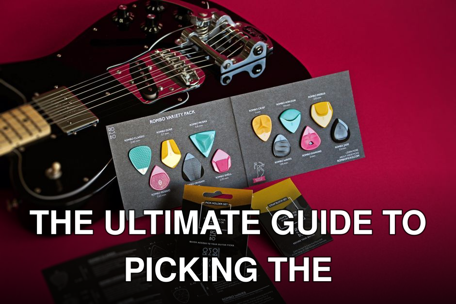 Vibrant still life of Rombo guitar picks variety pack and electric guitar on a red backdrop.