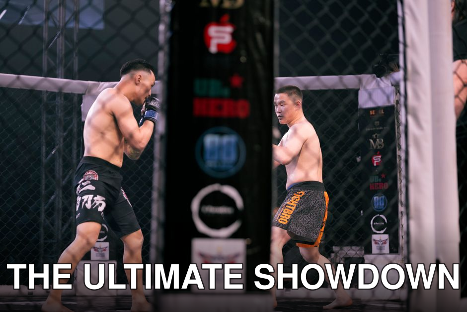 Two male fighters engaged in a thrilling MMA match inside an octagonal cage.