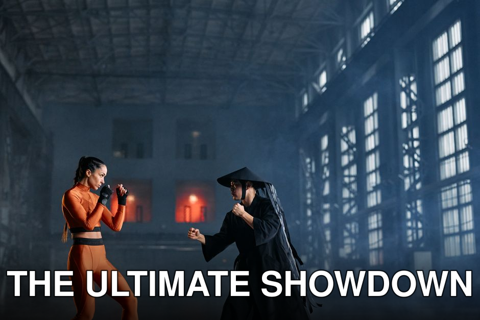 Two cosplayers in dynamic fighting pose inside industrial building.