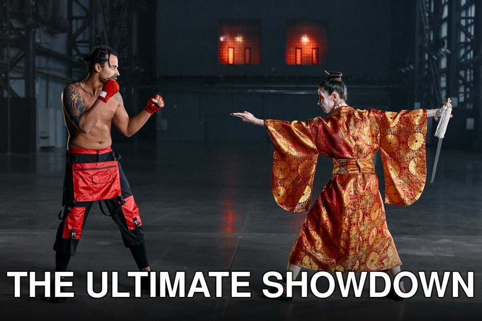 A dynamic scene of a boxer facing a samurai in traditional attire in an industrial space.