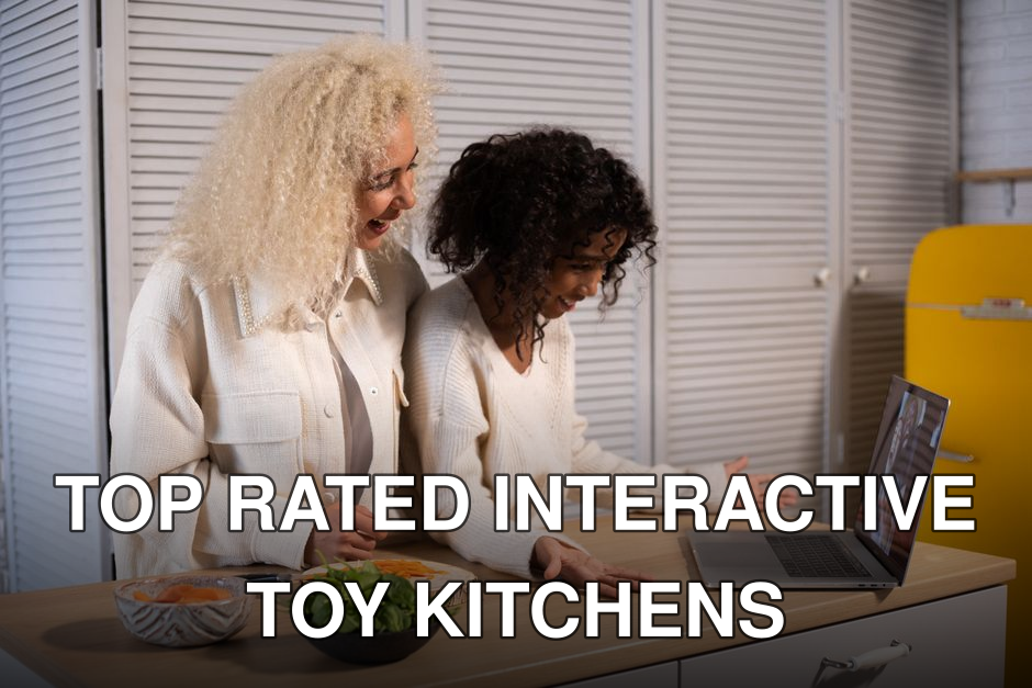 Side view of happy African American woman and girl having video call on modern laptop at wooden table with food in kitchen